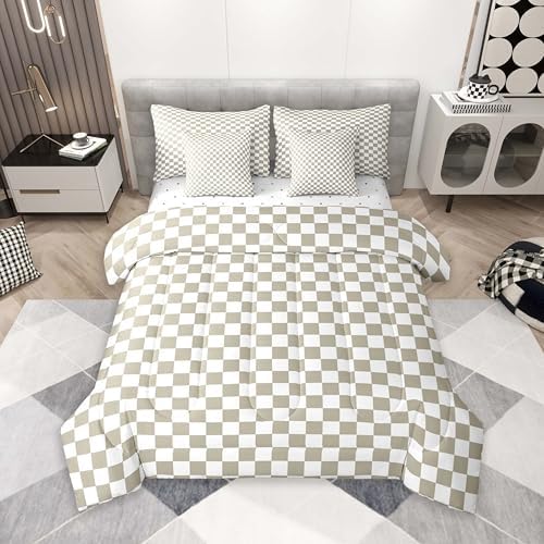 jejeloiu Light Khaki Plaid King Comforter Set with Sheets for Kids Boys Girls Checkered Classic 7 Pieces Bedding Set Grid Geometric Bed in a Bag Room Decor Soft Lightweight Microfiber
