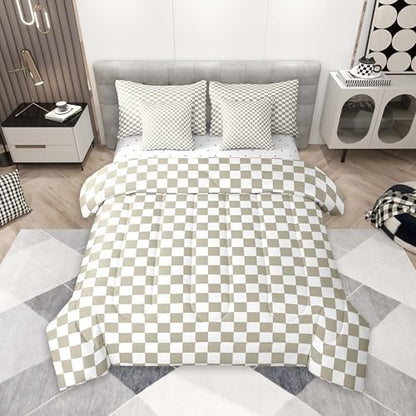 jejeloiu Light Khaki Plaid King Comforter Set with Sheets for Kids Boys Girls Checkered Classic 7 Pieces Bedding Set Grid Geometric Bed in a Bag Room Decor Soft Lightweight Microfiber