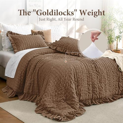 JOLLYVOGUE King Size Comforter Set, 3 Pieces Oak Brown Seersucker Comforters King Size, Lightweight & Fluffy Bedding Sets King for All Season with 1 Ruffle Comforter and 2 Ruffle Pillowshams