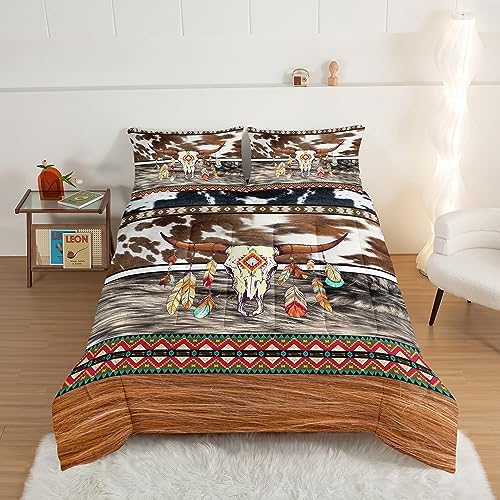 HOSIMA Western Bedding Longhorn Skull Comforter 3 Pieces,Western Highland Cowhide Print Twin Bed in a Bag for Boys Teens Soft Microfiber Fluffy Comforter Farmhouse Style Room Decor Aesthetic.
