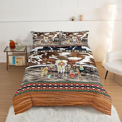 HOSIMA Western Bedding Longhorn Skull Comforter 3 Pieces,Western Highland Cowhide Print Twin Bed in a Bag for Boys Teens Soft Microfiber Fluffy Comforter Farmhouse Style Room Decor Aesthetic.