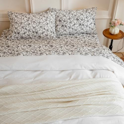 FADFAY 100% Cotton King Sheet Set, Ivory Black Paisley Floral Bed Sheets