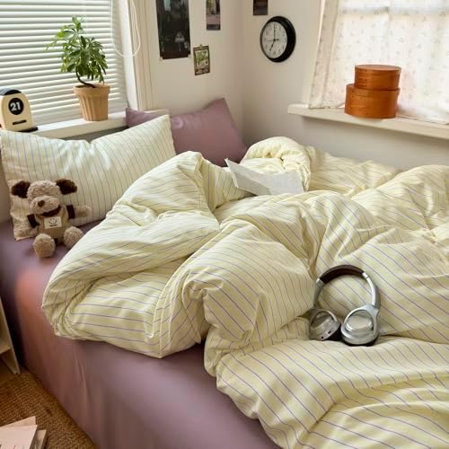 mixinni Pastel Yellow Lavender Striped Queen Duvet Cover Set, Soft Premium Washed Microfiber Aesthetic Stripes Comforter Cover with Hidden Zipper & Corner Ties, 3 Piece Sweet Teen Bedding for Girls