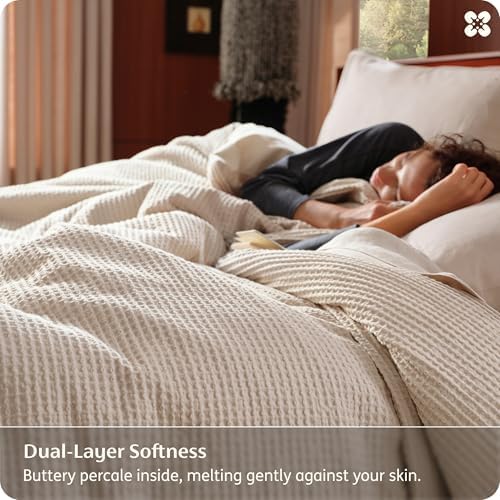 Bedsure PureWoven Cotton Waffle Weave Duvet Cover, Beige, Duvet Cover Only