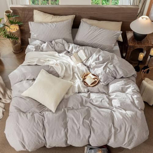 MooMee Striped Duvet Cover Set 100% Washed Cotton Linen Like Queen