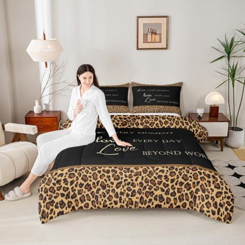 Castle Fairy Brown Leopard Print Comforter Set,Cheetah Skin Pattern Bedding Set All Season Down Comforter, Tropical African Wild Animal Fur Black Microfiber Polyester Quilt Set, King Size