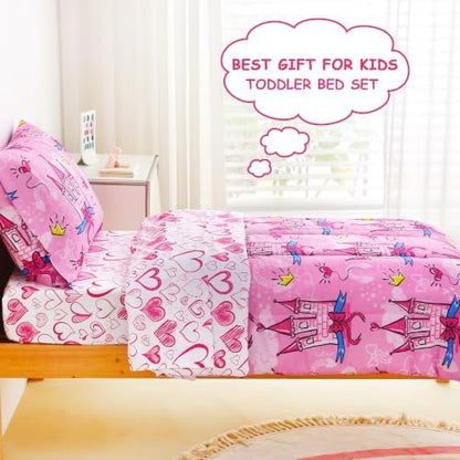 Mooreeke Toddler Bedding Sets for Girls,4 Pieces Pink Castle Love Printed