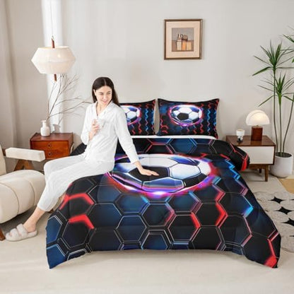 Football Kids Bedding Set Queen Size,Soccer Game Ball Sports Comforter Set，Geometric Honeycomb Hexagon Quilt Comforter,Black Red Bedroom Duvet Insert,2 Pillowcases