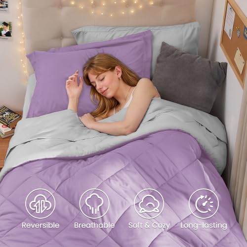 MUXHOMO 5 Pieces Twin XL Comforter Set, Reversible Bed in a Bag Twin XL Size, All Season Bedding Set with Comforter, Flat Sheet, Fitted Sheet, Pillowcases & Shams, Greyish Purple & Light Grey