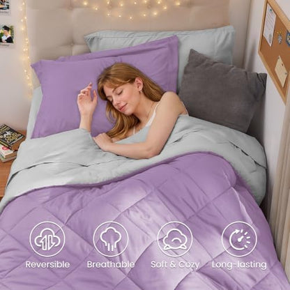 MUXHOMO 5 Pieces Twin XL Comforter Set, Reversible Bed in a Bag Twin XL Size, All Season Bedding Set with Comforter, Flat Sheet, Fitted Sheet, Pillowcases & Shams, Greyish Purple & Light Grey
