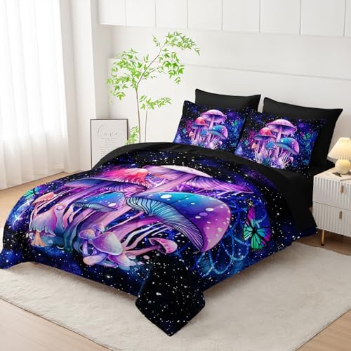 Nttopship Fantasy Mushrooms Comforter Set Queen,Galaxy Fantasy 7 Pieces Bedding Set for Teens Kids,Light Mushroom Bedding Set 7 Piece in A Bag，Mushroom Bed Comforters Bedding Sets for All Season