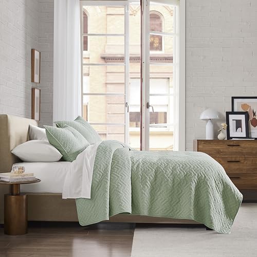 palassio Sage Green 100% Cotton Quilt Twin Size Bedding Sets with 1 Pillow Sham, Lightweight Textured Farmhouse Country Bedspread Soft Shabby Chic Patterned Coverlet for All Season, 2 Pieces