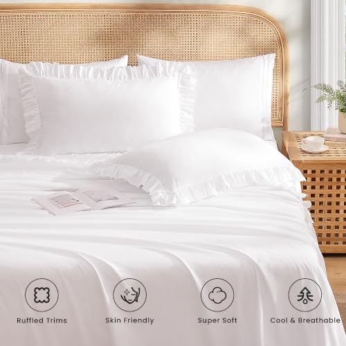 ROSE&RISY Queen Ruffle Sheet Set 4 Piece - White Soft Lightweight Microfiber Bedding with Deep Pocket, Breathable Ruffled Flat Sheet & Pillowcases (White, Queen Size)