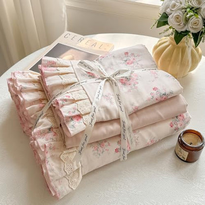 VM VOUGEMARKET Pink Rose Flower Duvet Cover Set Queen Romantic Lace Ruffled Bedding Set Soft Muslin Cotton,Breathable Linen Like Gauze Comforter Cover with Zipper Closure 90"x90"