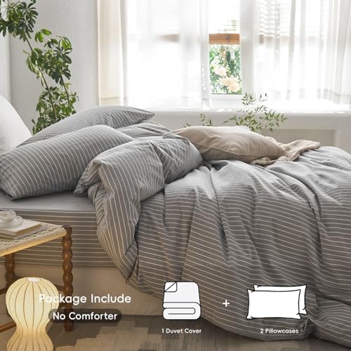 MooMee Striped Duvet Cover Set 100% Washed Cotton Linen Like