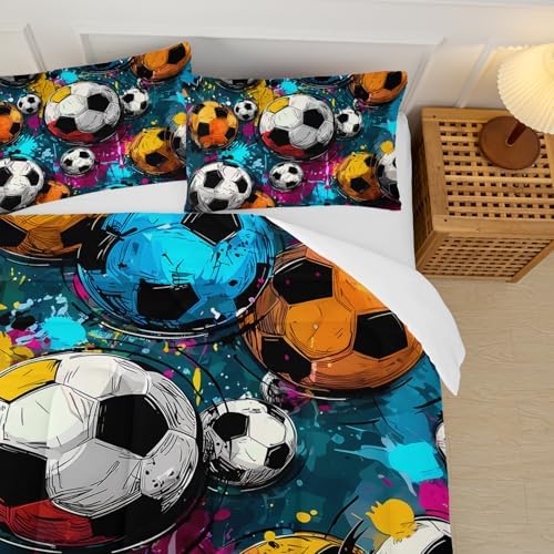 Soccer Comforter Twin Size,Sport Kids Comforter Set,3Pcs Bedding Set Printed Comforter with 2 Pillowcases,Down Alternative,Soft and Lightweight,for All Seasons