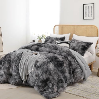 Smoofy Fluffy Full Size Comforter Set Tie-dye Grey Faux Fur Comforter 3Pcs