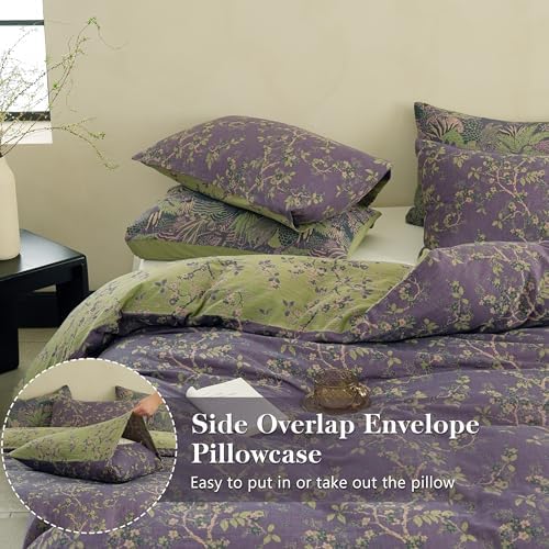 Simple&Opulence Muslin Duvet Cover Set King Size, 100% Washed Cotton 3 Pieces Yarn-Dyed Vintage Purple Floral Jacquard Textured Bedding, Soft & Breathable Gauze Comforter Cover with Zipper Closure