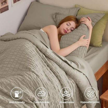HYMOKEGE Linen Twin XL Comforter Set Seersucker 5 Pieces, All Season Luxury Bed in a Bag for Bedroom, Bedding Set with Comforter, Sheets, Pillowcase & Sham