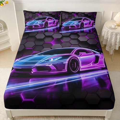 HOSIMA Kids Boys Race Car Queen Bedding Sets,1 Fitted Sheet+2 Pillowcases.