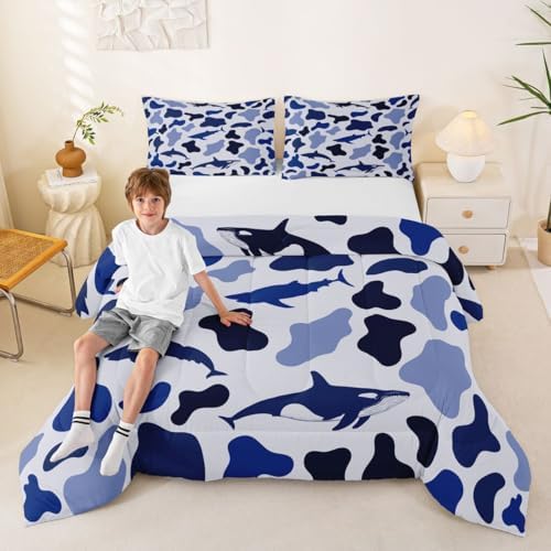 Manfei Sea Animal Camo Comforter Set Toddler Size,Sharks and Whales Camouflage Bedding Set 2pcs,Blue Ocean Camo Down Comforter for All Season,Kids Boys Girls Room Decor,1 Pillowcase,No Sheets
