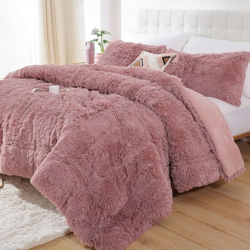 Smoofy Fluffy King Size Comforter Set, Old Pink Faux Fur Comforter Set 3Pcs