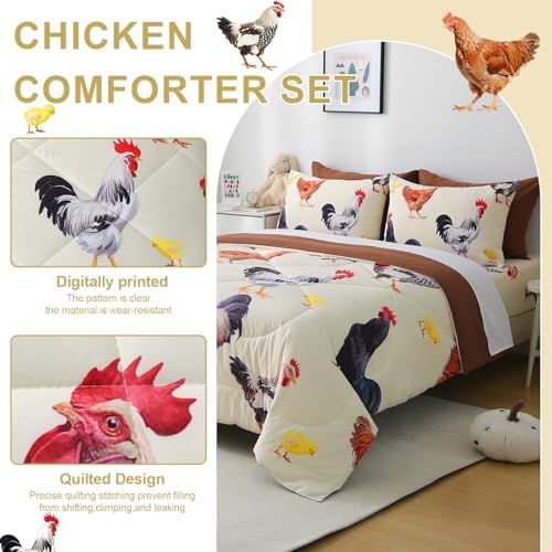 Wajade Chicken Comforter Set 7 Pcs Animal Theme Bedding Set Queen Size for Kids Adults Chicken Quilt Farm Theme Printed Pattern for Thanksgiving Birthday