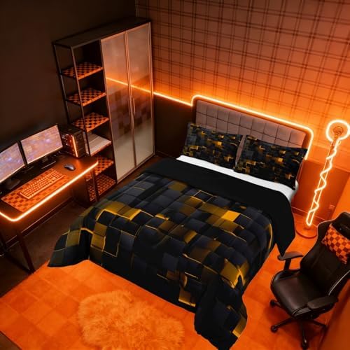 Erosebridal Black and Orange Comforter Set Twin Neon Geometric Checkered Bedding Set for Kids Boys Adults Men,Stereoscopic Grid Plaid Comforter Glowing Square Bed Duvet Set 2 Pcs