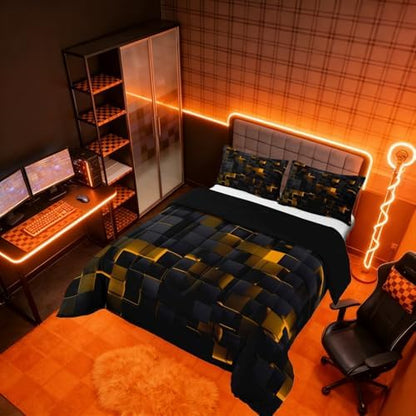 Erosebridal Black and Orange Comforter Set King Neon Geometric Checkered Bedding Set for Kids Boys Adults Men,Stereoscopic Grid Plaid Comforter Glowing Square Bed Duvet Set 3 Pcs