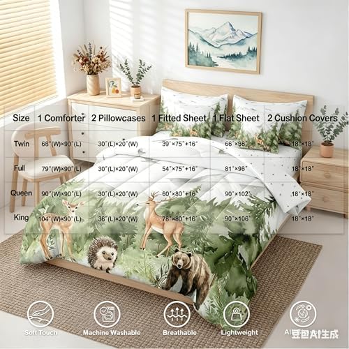 Erosebridal Giant Mountain Forest 7 Piece Bedding Set Full Woodland Animal Comforter Set Jungle Deer Bear Hedgehog Birds Pine Trees Comforter Wildlife Hunting Botanical Sheets for Kids Boys