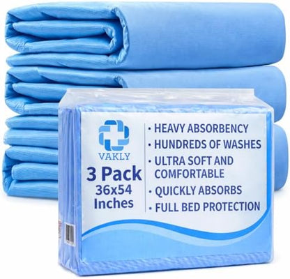 Vakly Washable Reusable Underpads 36x54, Incontinence Bed Pads, 3 Pack