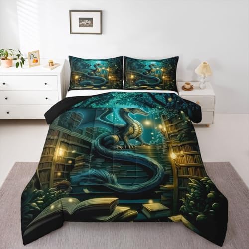 Feelyou Dragon Bedding Set Soft for Boys Girls, Magical Beast Comforter Set King Size Fantasy Animal Duvet Quilt Microfiber Wild Life Bedroom Decor Jungle Dragon 3 Pcs with 2 Pillow Cases