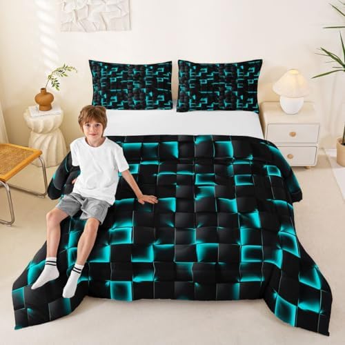 Erosebridal Neon Black Teal Boys Comforter Set King Geometric Checkered Turquoise Bedding Set for Kids Teen Men Gaming Room Decor,Abstract Ombre Plaid Comforter Grids Quilt Duvet