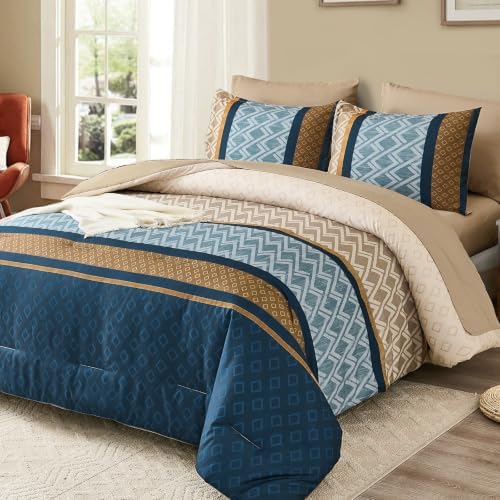 King Comforter Set 7 Pieces,Blue and Brown Boho Striped Bed in a Bag