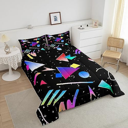 Manfei Memphis Comforter Set King Size, Colorful Geometric Abstract Bedding Set 3pcs for Kids Boys Girls, Retro 80s 90s Fashion Style Quilt Set Soft Polyester Duvet Set with 2 Pillowcases