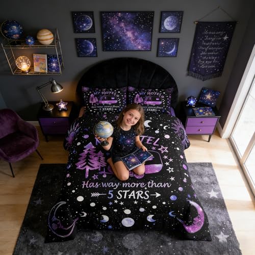 Camping Adventure Comforter Set Full Size,Camper RV Trailer Decor Bedding Set 3pcs for Kids Boys Girls Adults,Sun Moon Starry Sky Rustic Down Comforter,Purple Romantic Duvet Insert,2 Pillowcases