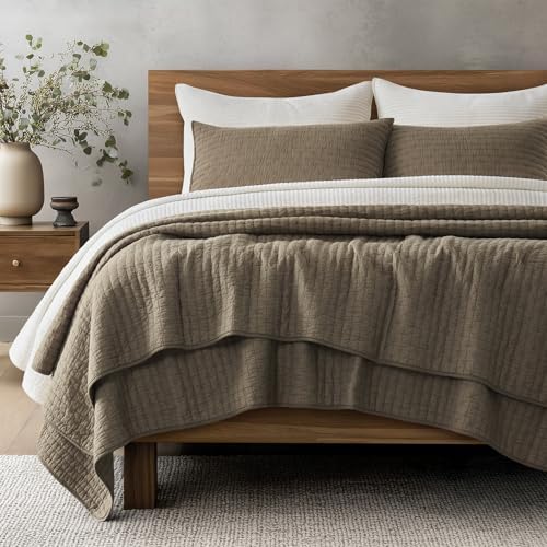 EVERGRACEHOME Cross Stitch Pre-Washed Cotton Quilt Bedding Set King Size, Oversized 3 Pieces Lightweight Bedspread Coverlet for All Season, with 2 Matching Shams, Mocha Brown Updated,108"x96"