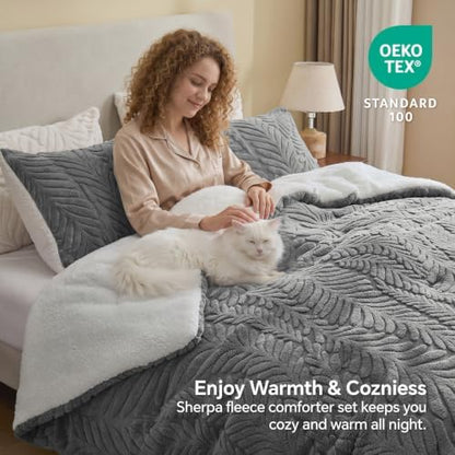 BEDELITE Fluffy Sherpa Twin Comforter Set,Leaf-Grey