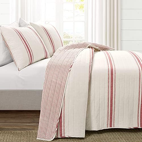 Lush Decor Farmhouse Stripe Reversible Cotton Quilt King Size 3 Piece Set Red - Farmhouse Bedding Set King Quilt - Striped Bedding