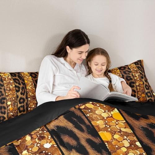 jejeloiu Leopard Kids Comforter Set Queen Size Glitter Pattern Bedding Set Animal Skin Duvet Quilt for Kids Boys Girls Bedroom Decor Microfiber Ultra Soft Breathable