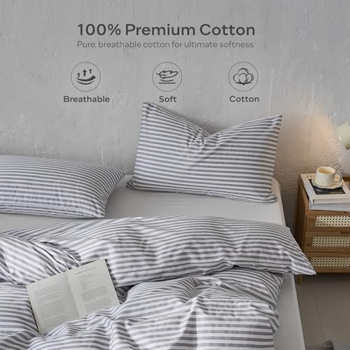 JELLYMONI 100% Cotton Printed Striped Full Duvet Cover Set, Grey