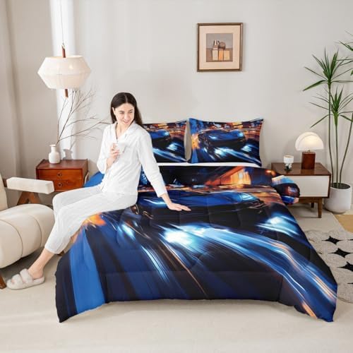 Erosebridal Kids Boys Sports Bedding Set - King Size Blue Race Car Comforter Set for Kids Teens Room Decor - Extreme Sports Theme Bed Set - Cool Speed Luxury Car Decor Quilt Set - Soft for All Season