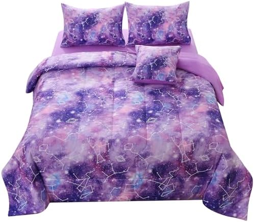 JQinHome Full Gradient Galaxy Comforter Set for Girls,6 Piece Bed in A Bag 3D Colorful Tie Dye Constellation Print Ombre Bedding Set with Pillowcase, Flat & Fitted Sheet,Cushion Cover(Purple)