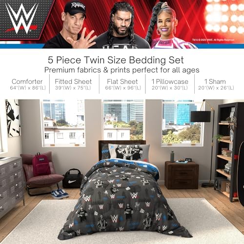 WWE Wrestling Bedding Set, Twin Size 5 Piece Set Super Soft Cozy Reversible Comforter and Sheet Set with Sham, (100% Officially Licensed Product) by Franco