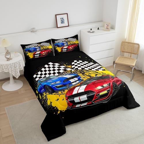 Castle Fairy Racing Car Full Size Comforter Set,Cool Sports Car Bedding Set for Adults Teens,Children Race Car Competition Comforter Luxury Extreme Sports Quilt Set Room Decor 3Pcs