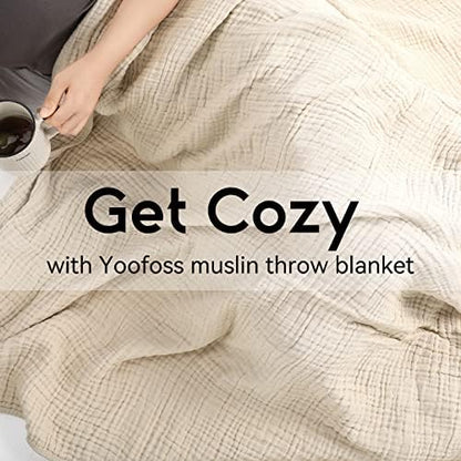 Yoofoss Muslin Blanket 100% Organic Cotton Throw Large 50" x 60" for Bed Couch Summer Gauze Blanket for Adults Lightweight and Breathable Apricot White