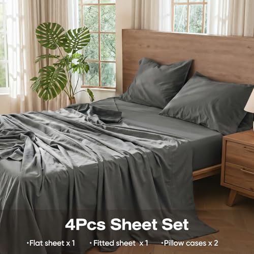 100% Pure Linen Blend 4 Piece Sheet Set, Cooling and Breathable Flax Bed Sheets for Hot Sleepers, All Season Comfort, Anti-Tear and Durable Bedding, 18 Inch Deep Pocket(Dark Grey, King)