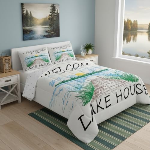 Lake House Comforter Set Full Size Rustic Farmhouse Bedding Set for Kids Adults Women Teens Cabin Home Room Decor Watercolor Lake Mountain Scenery Quilted Duvet Retro Plaid Print Duvet Insert 3pcs