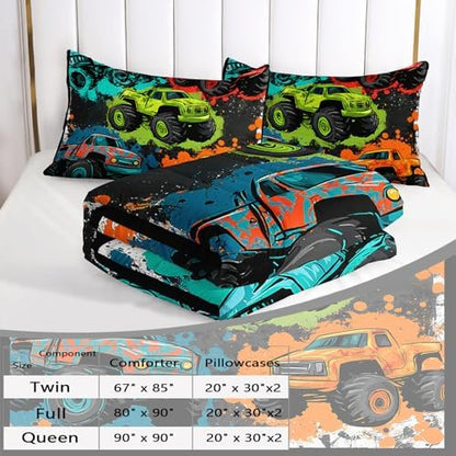 AILONEN Cartoon Monster Trucks Comforter Set Twin Size, 3-Piece Colorful Truck Bedding Set for Kids Boys,Graffiti Car Print Kid Comforter with 2 Pillowcases