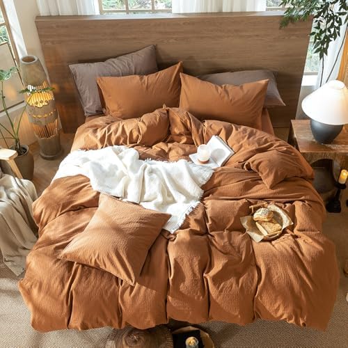 MooMee Wavy Striped Duvet Cover Set 100% Washed Cotton Linen Like Textured Breathable Durable Soft Comfy (Dark Orange, Queen 90"x90")